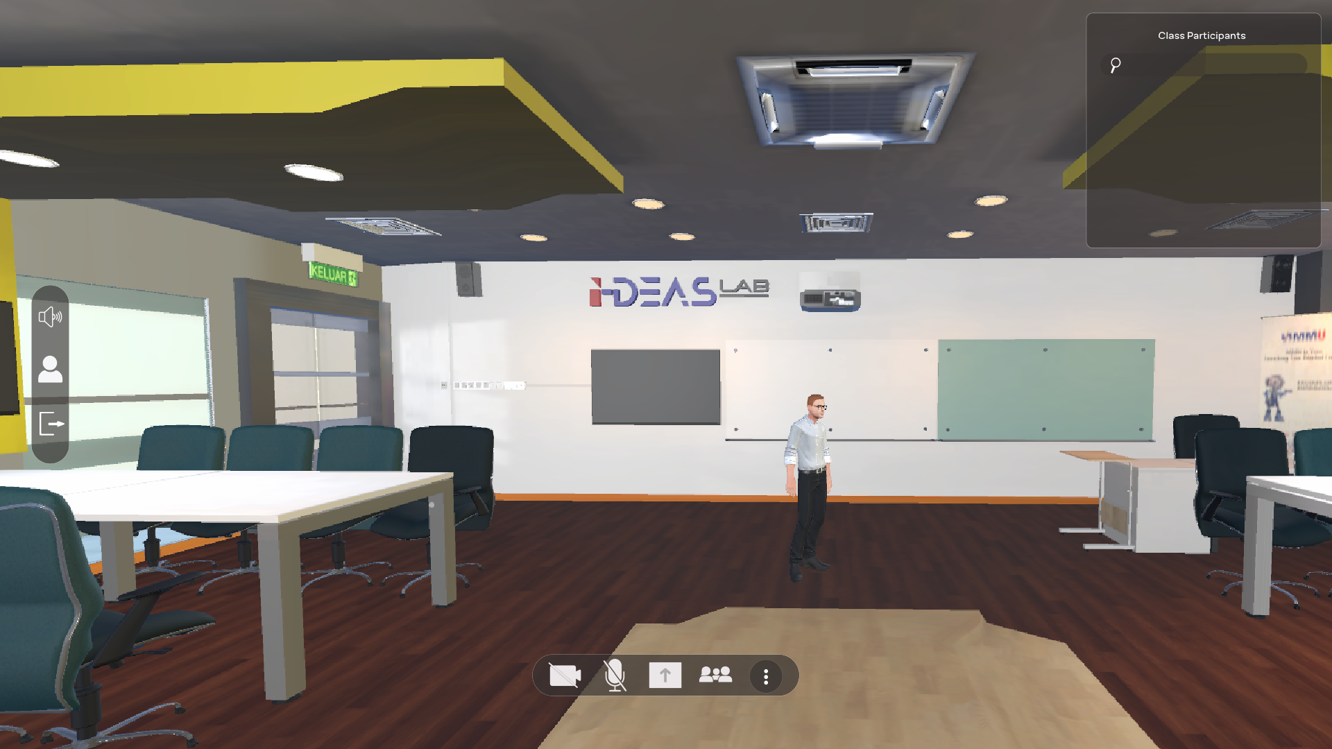 Inside the MMUVERSE iDEAS Lab digital classroom, with an avatar, classroom displays, tables and chairs.
